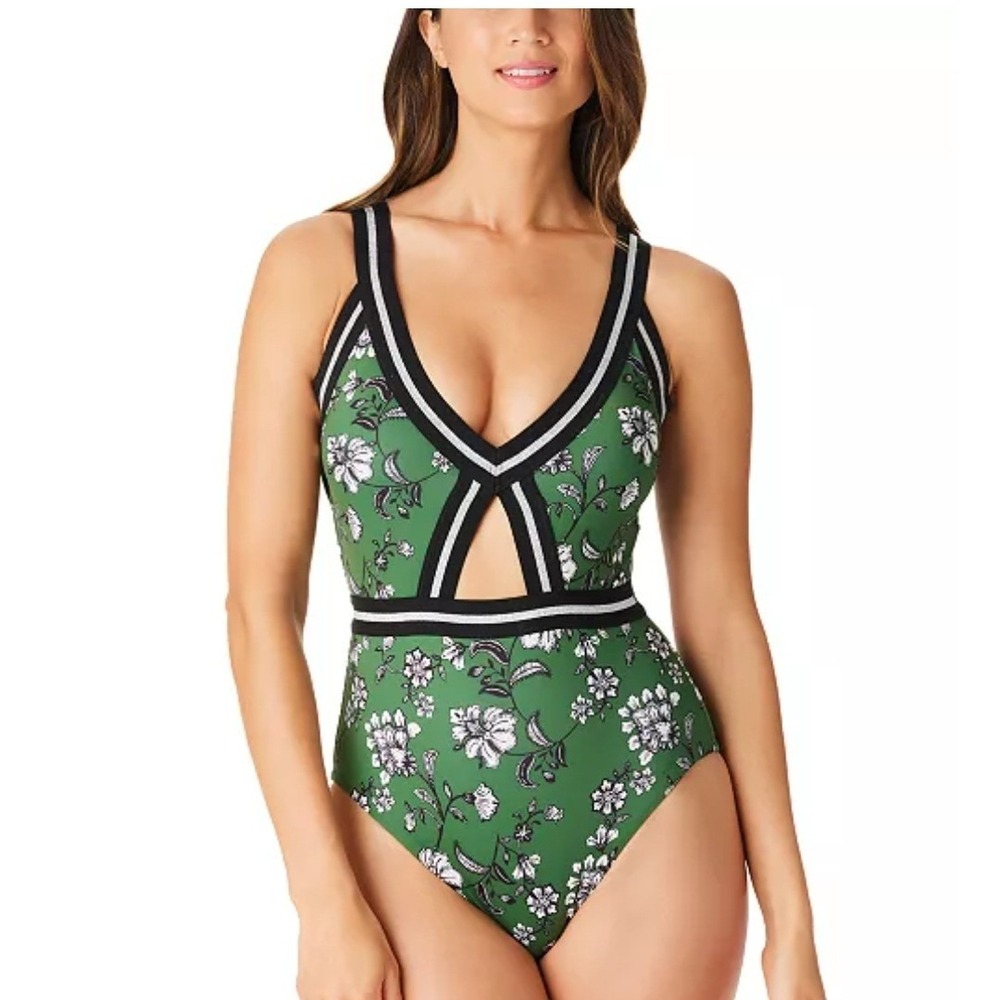 Sanctuary Swim Cactus‎ Green Floral Cutout One Piece Swimsuit Metallic Trim NEW